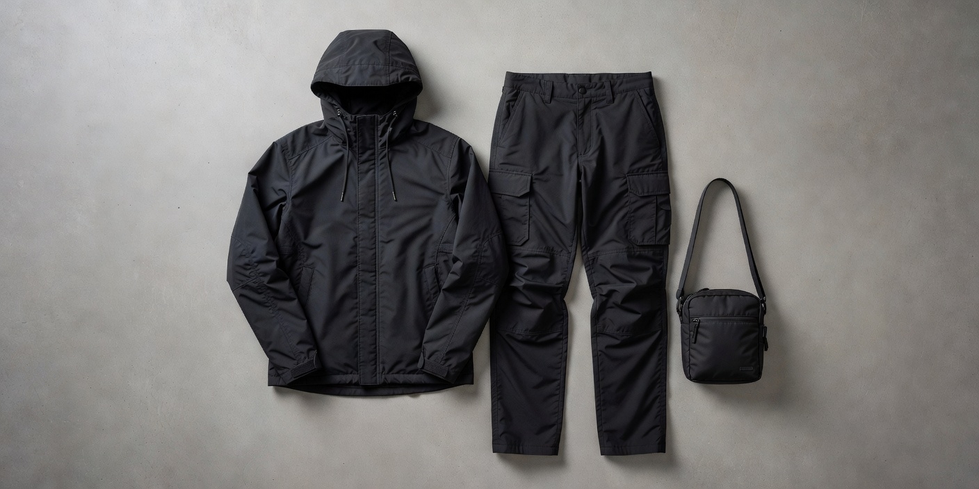 Unbranded black hooded jacket, articulated cargo trousers and compact shoulder bag arranged on a grey surface