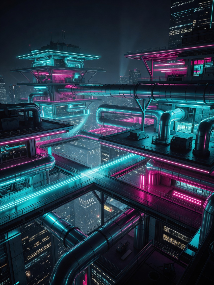 Layered futuristic rooftops, ventilation ducts and elevated walkways lit in cyan and magenta