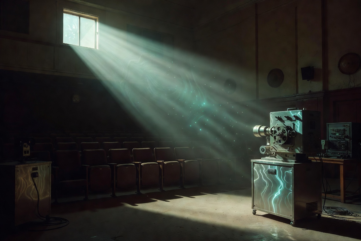 Empty projection room with a broad beam of pale light and cyan reflections on metal equipment