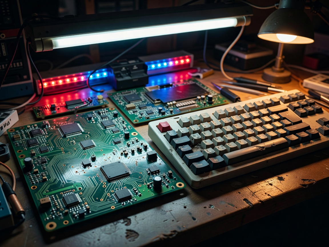 Exposed circuit board beside a worn mechanical keyboard under coloured workshop lighting