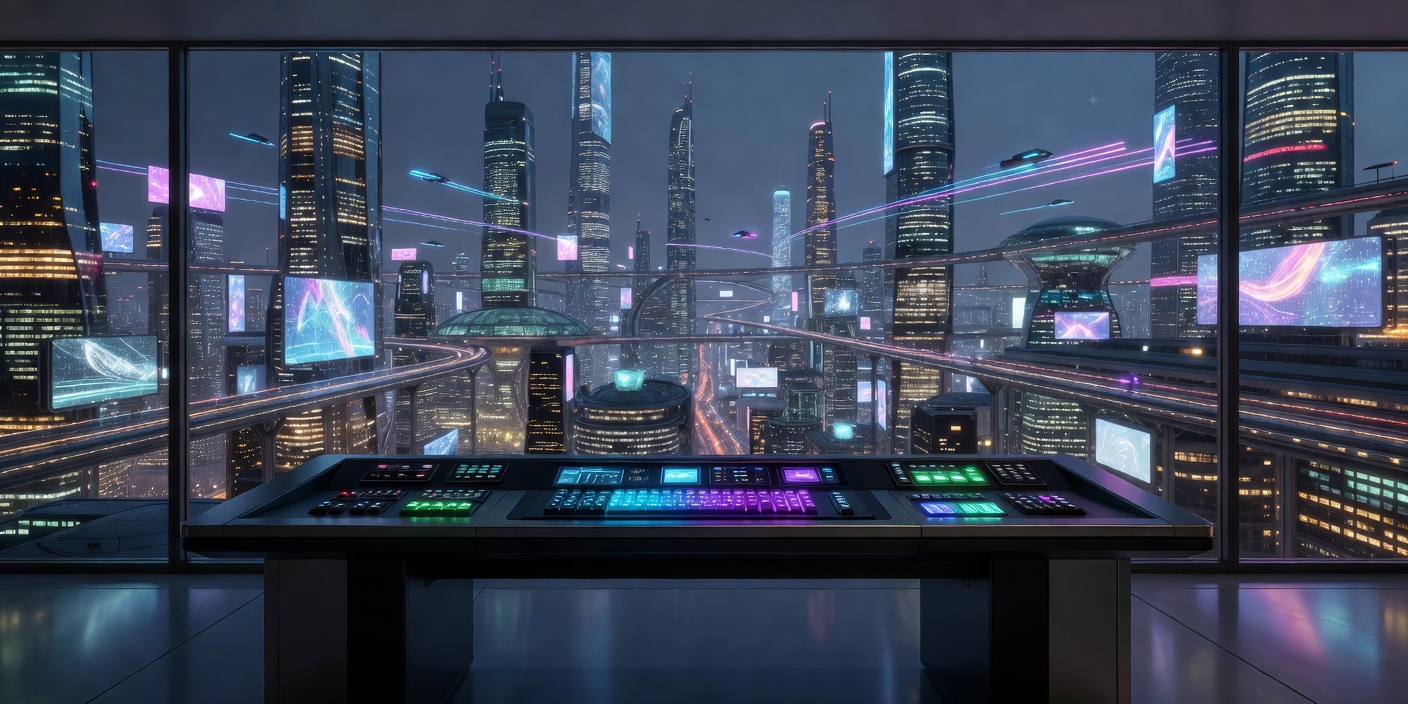 Unbranded control desk with illuminated keys facing a dense futuristic city through a window