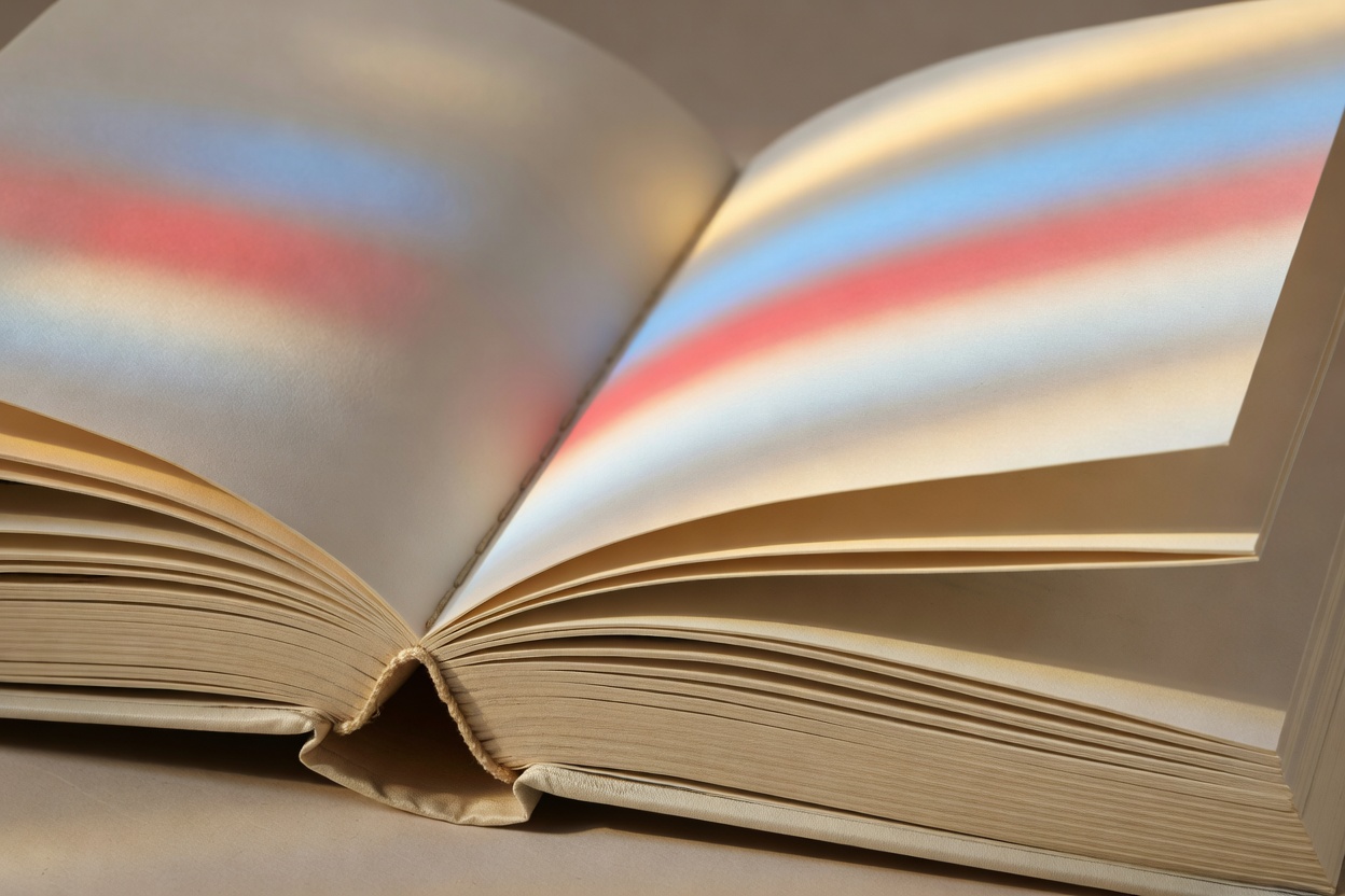 Close view of an open book’s unprinted endpapers, stitched binding and layered page edges in coloured light