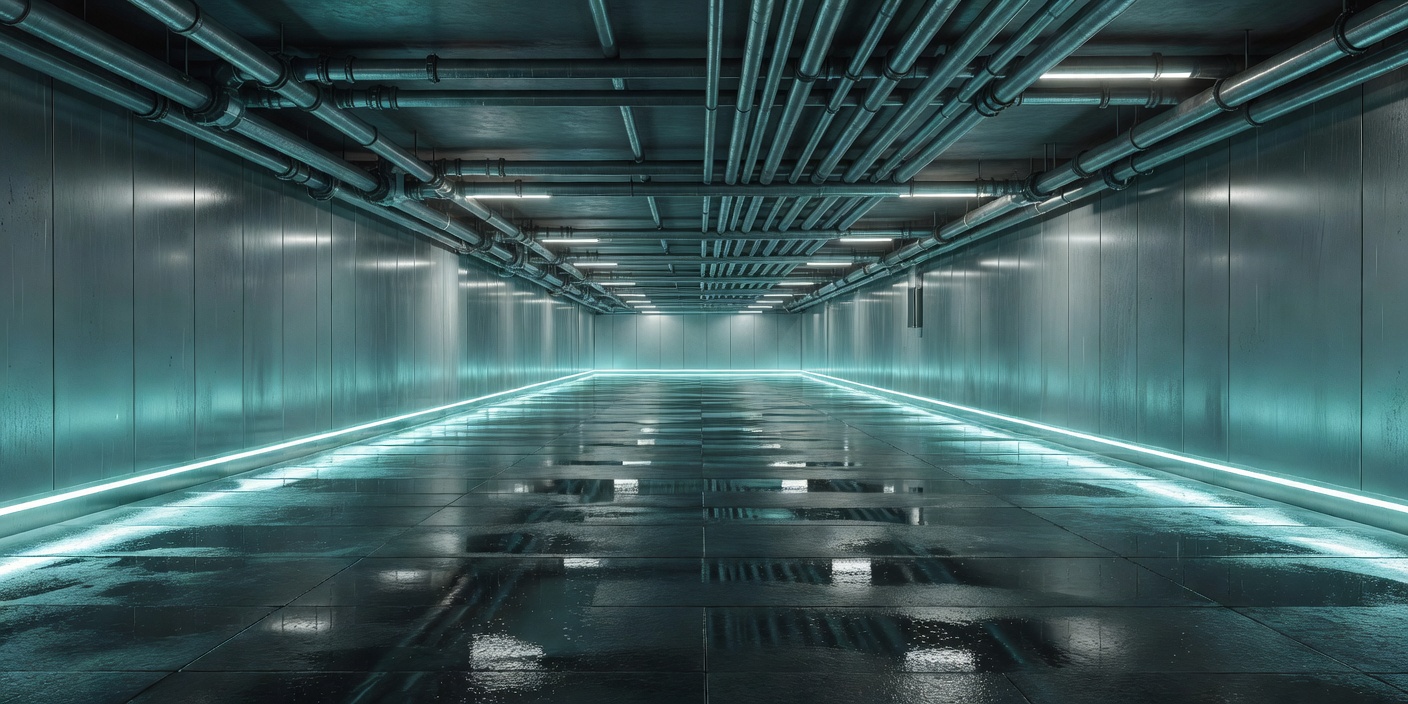 Empty futuristic pedestrian underpass with wet paving, overhead pipes and reflected cyan light