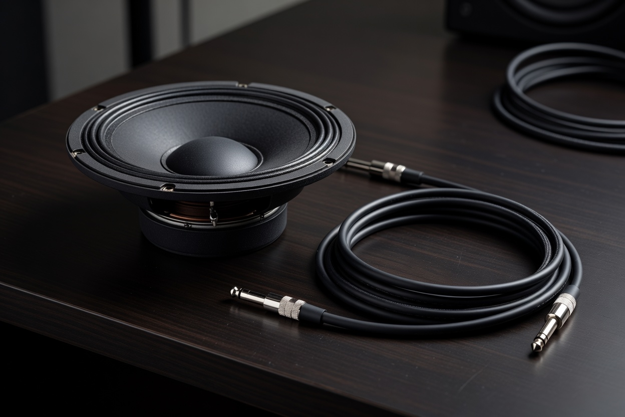 Close view of an unbranded studio speaker cone with coiled audio cable on a dark desk