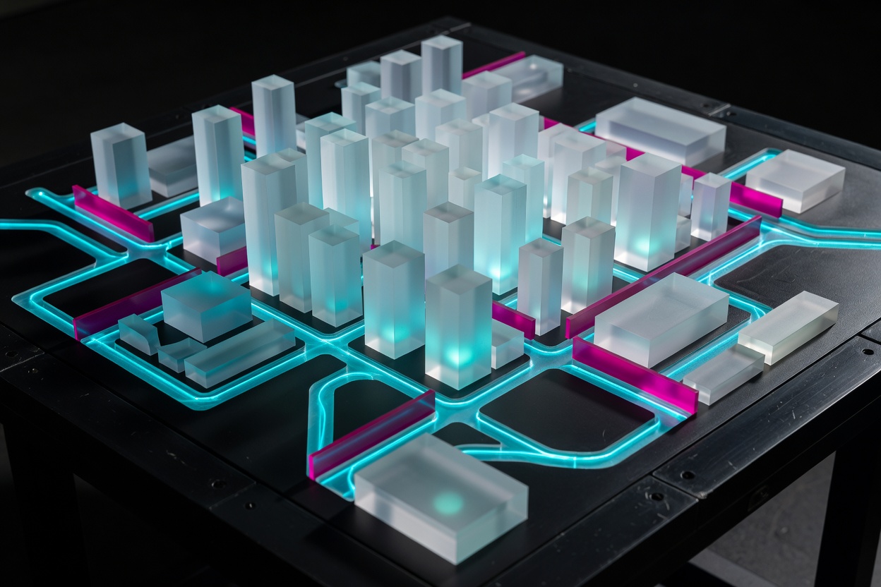 Physical tabletop arrangement of translucent city blocks with cyan pathways and magenta barriers