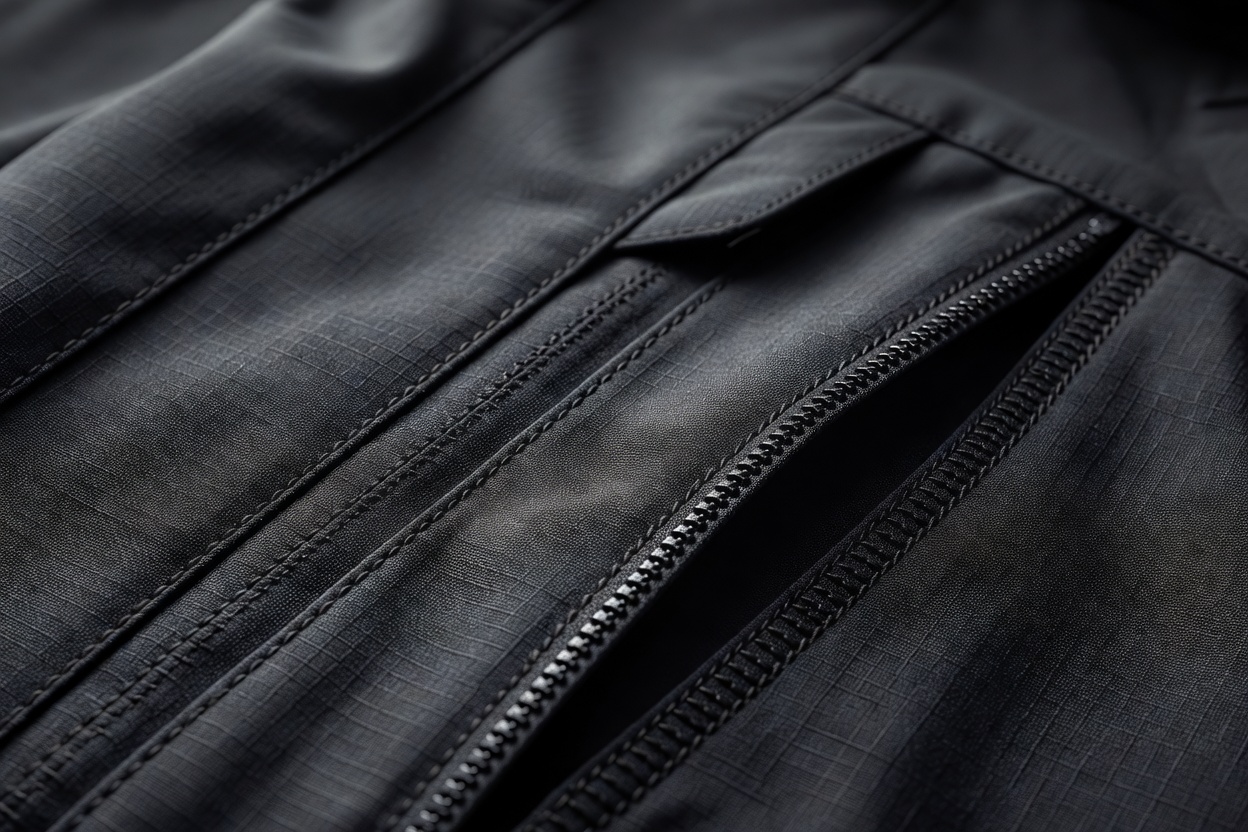Close view of a dark garment showing a stitched seam, covered zip and reinforced pocket opening