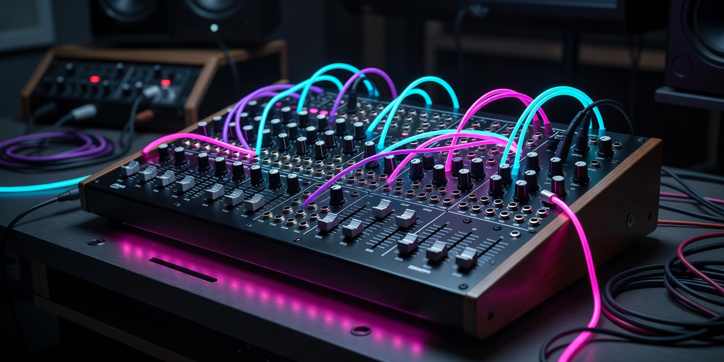 Unbranded synthesiser and patch cables under cyan and magenta studio lighting