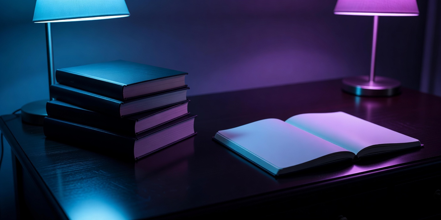 Unmarked hardback books and an open notebook on a dark reading desk lit by cyan and magenta lamps